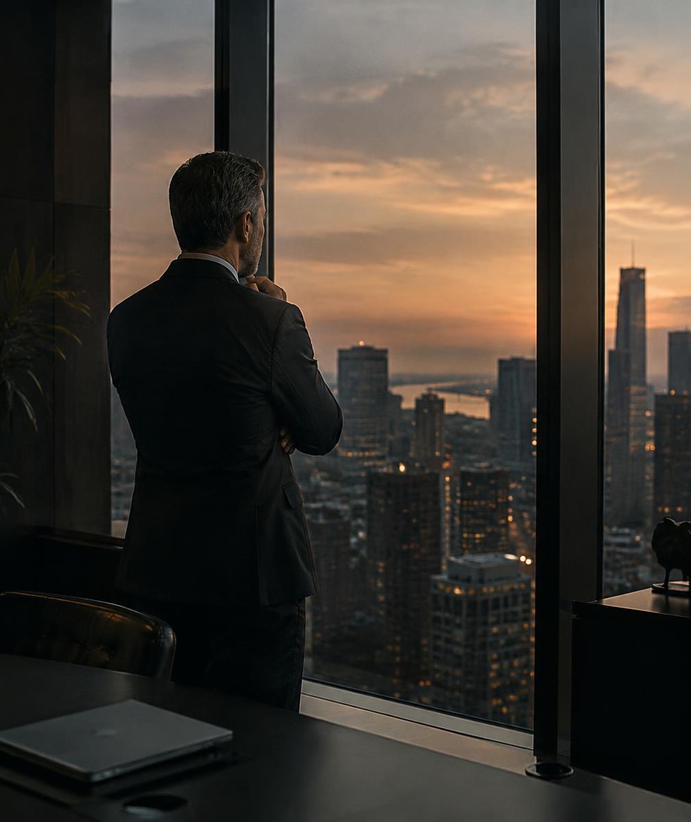Leader looking over the city at dusk